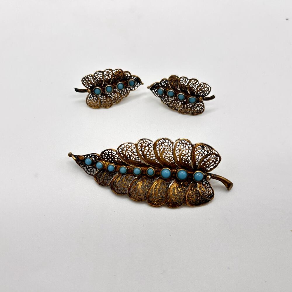 Vintage Brooch Earrings Set Matching Feather Leaf Filigree Clip On Pin Costume